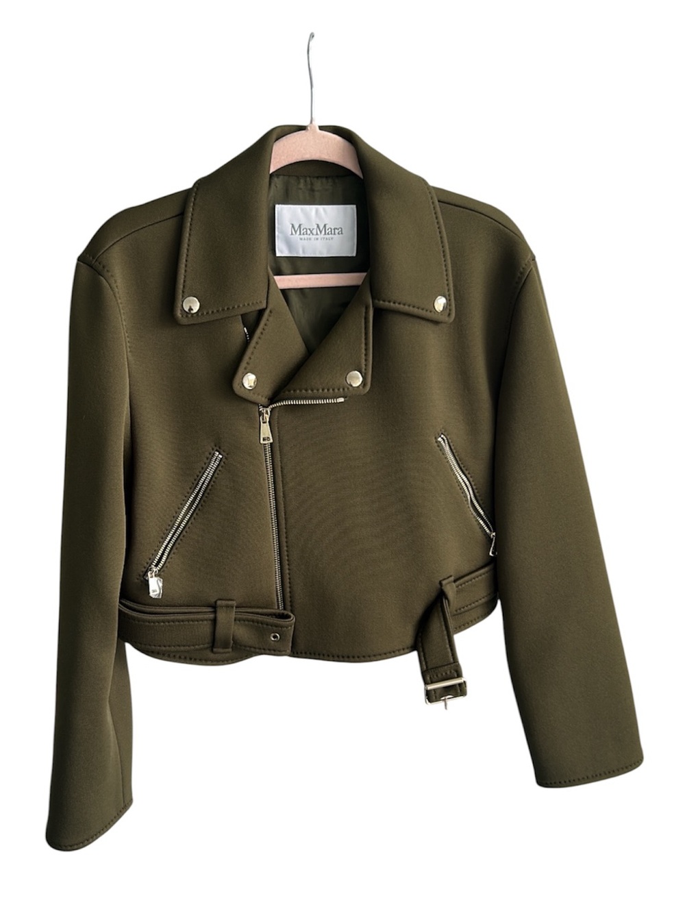 MaxMara Olive Cropped Moto Jacket with Belted Hem